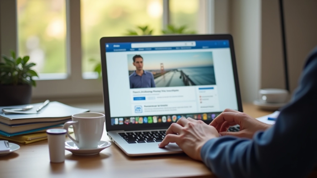 Laptop s otevřeným profilem na síti LinkedIn na obrazovce, ruce nad klávesnicí