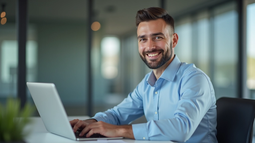 Profesionál pracující na notebooku, kontroluje LinkedIn profil na obrazovce