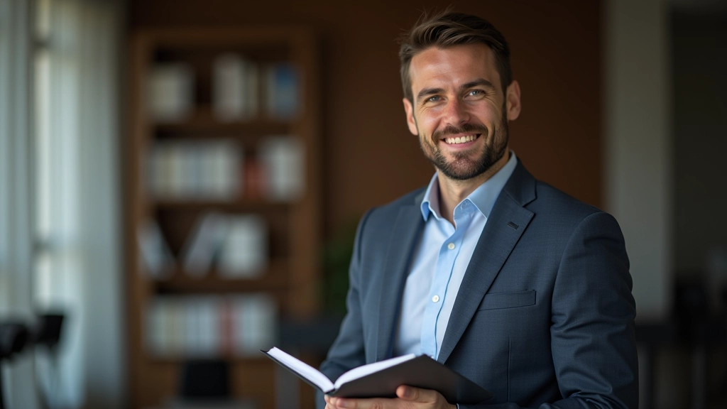 Profesionální muž v tričku s knížkou, kterou drží v rukou a usmívá se do kamery