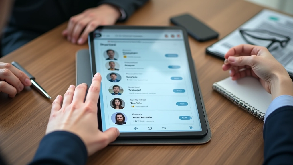 Tablet s LinkedIn profilem a sociálními médii, který je položený na stole vedle poznámek a pera